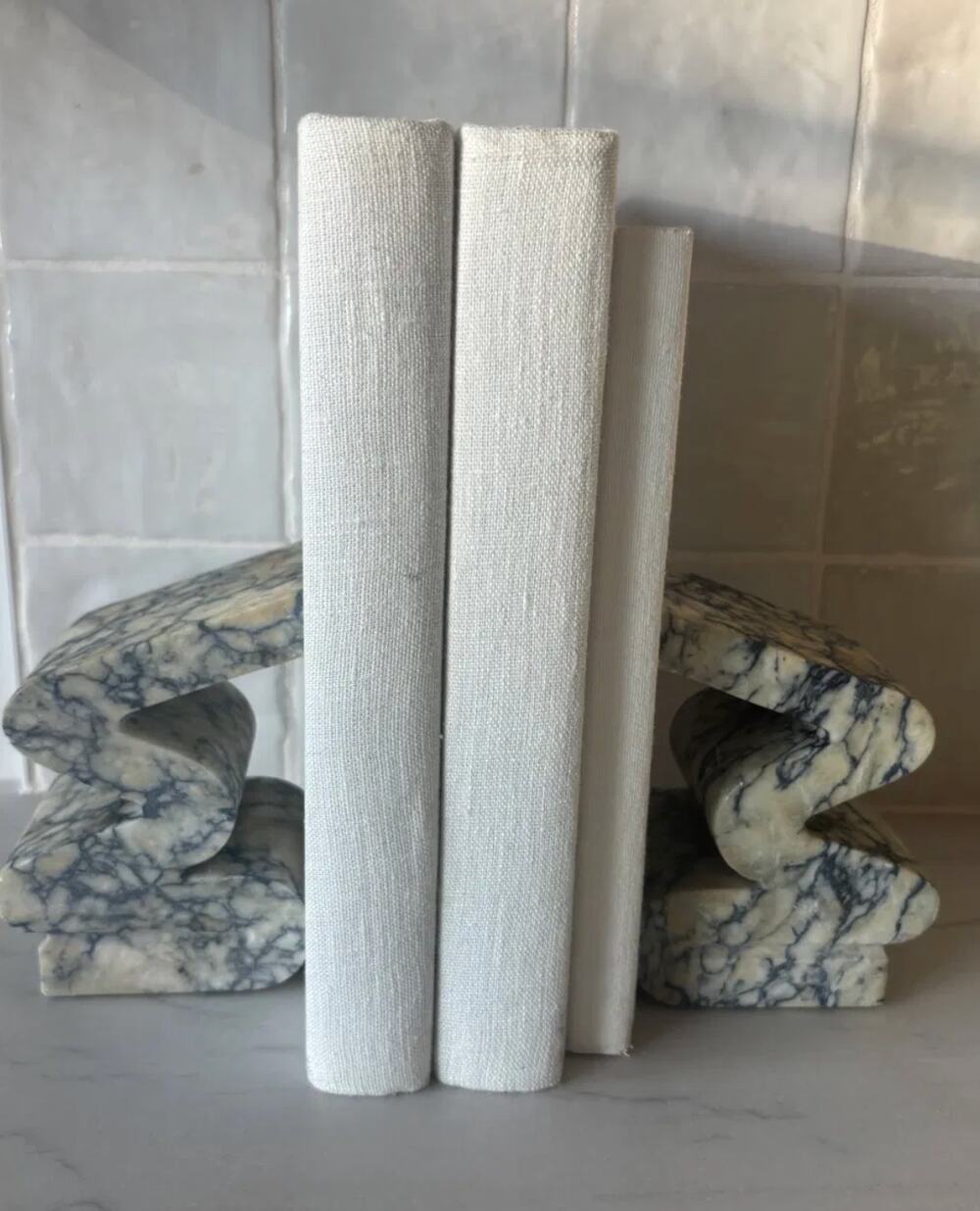 Vintage Zigzag Marble Bookends Blue & White Book-Matched Stone